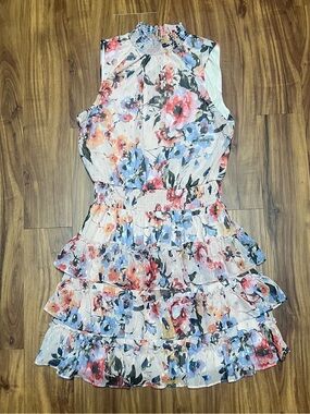 Floral Tiered Ruffle Sleeveless Dress - Cream / Pink / Blue